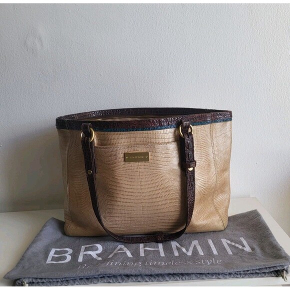 Brahmin Mini Arno Shimmer Tri-texture Geniune Leather Beige Brown Shoulder Bag - Picture 1 of 13